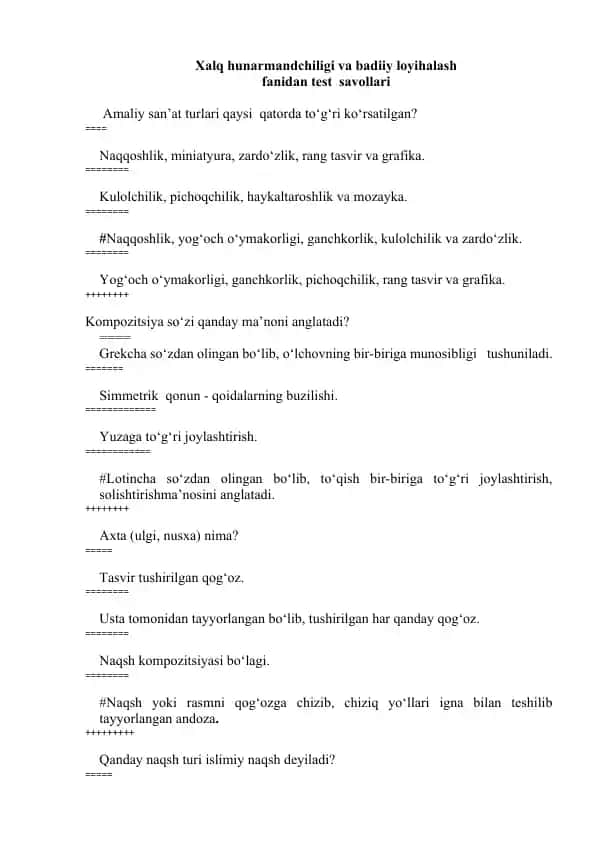 Xalq hunarmandchiligi va badiiy loyihalash fanidan test savollari