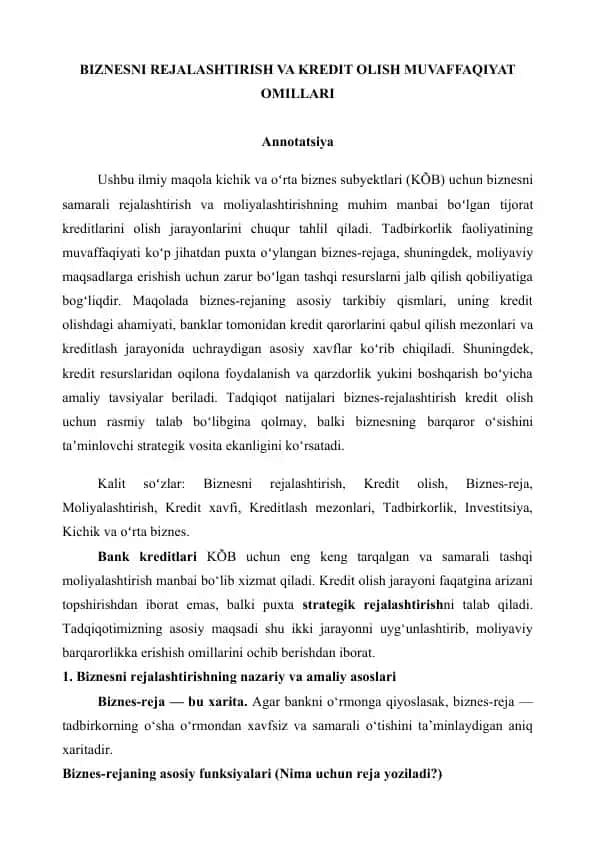 BIZNESNI REJALASHTIRISH VA KREDIT OLISH MUVAFFAQIYAT OMILLARI
