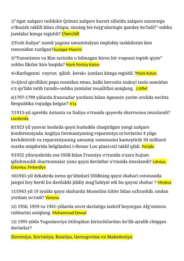 "Tarixiy voqealar haqida test savollari"