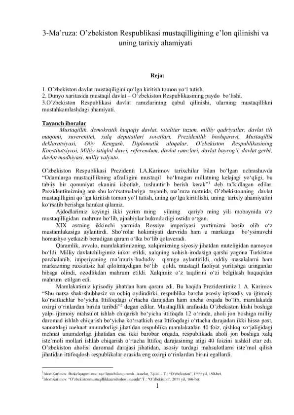 O’zbekiston Respublikasi mustaqilligining e’lon qilinishi va uning tarixiy ahamiyati