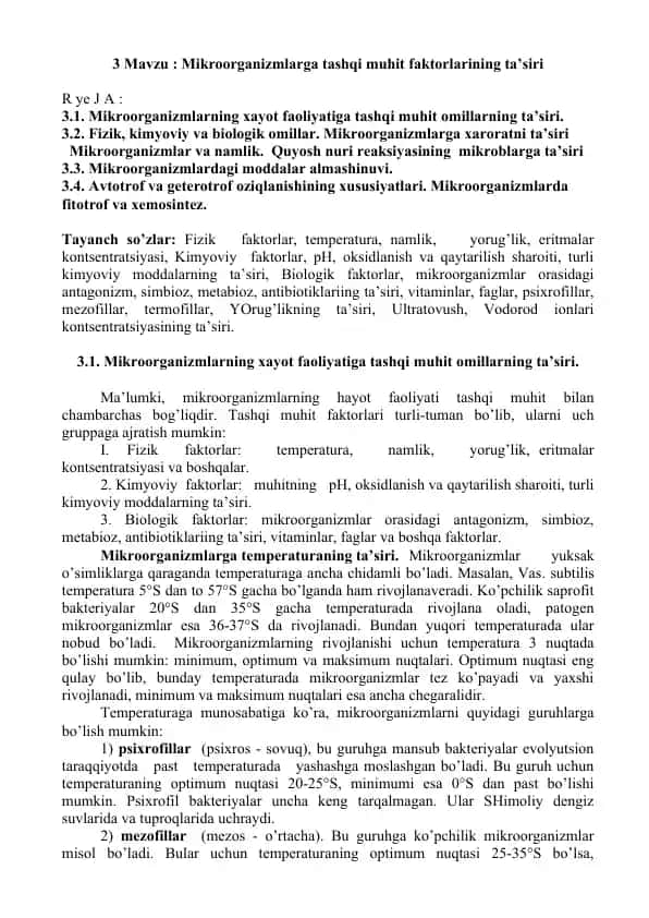 Mikroorganizmlarga tashqi muhit faktorlarining ta’siri