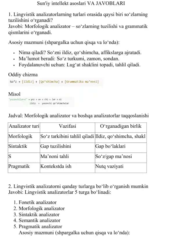Sun'iy intellekt asoslari VA JAVOBLARI