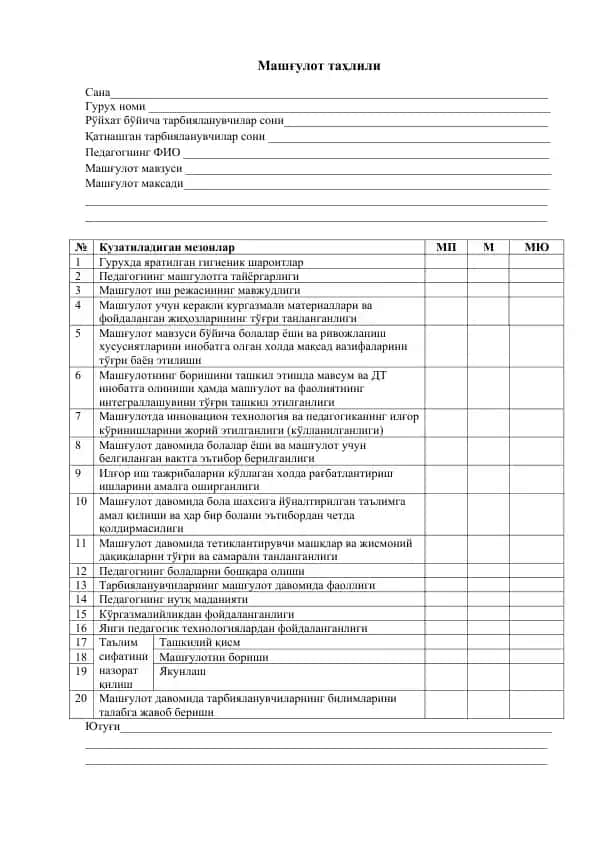 Машғулот таҳлили
