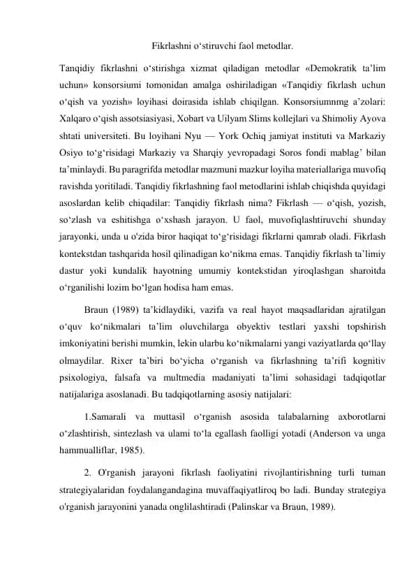 Tanqidiy Fikrlash Uchun O'qish va Yozish