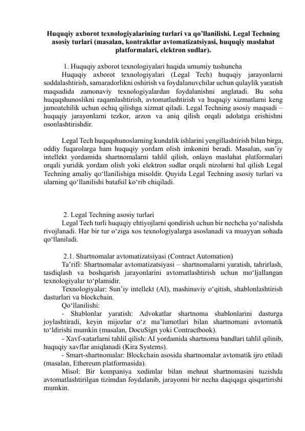 Huquqiy axborot texnologiyalari turlari va qo’llanilishi