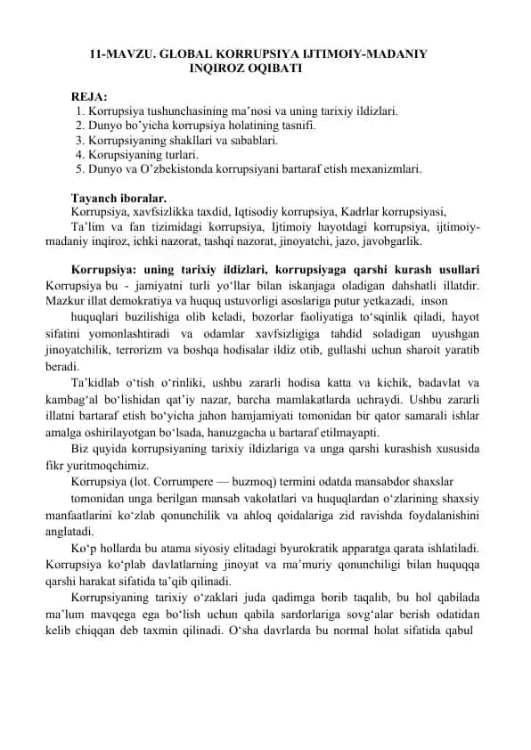 Global Korrupsiya Ijtimoiy-Madaniy Inqiroz Oqibati