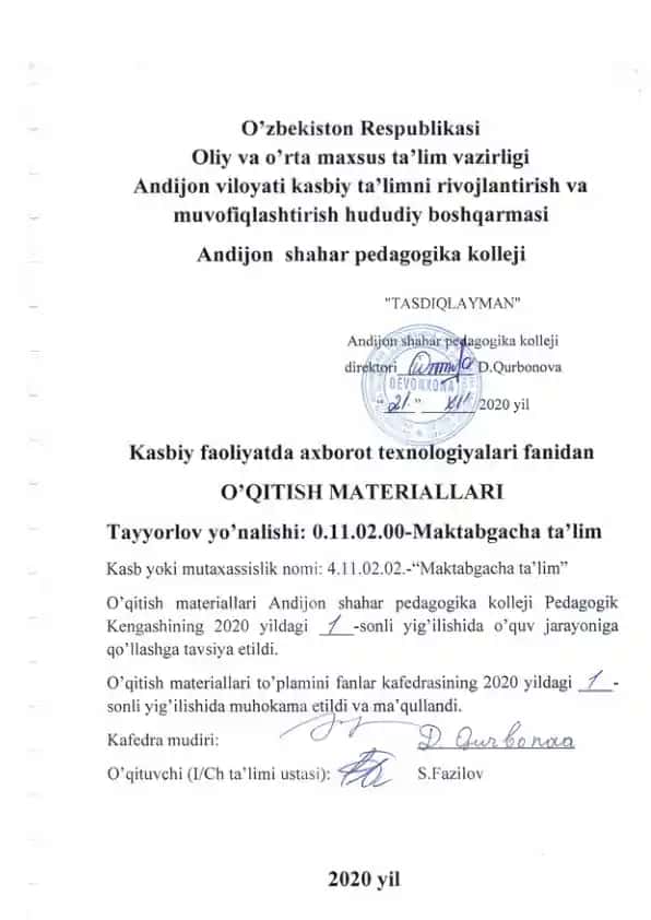 Maktabgacha ta‘lim kasbi bo‘yicha Kasbiy faoliyatda axborot texnologiyalari fanidan o‘quv dasturi