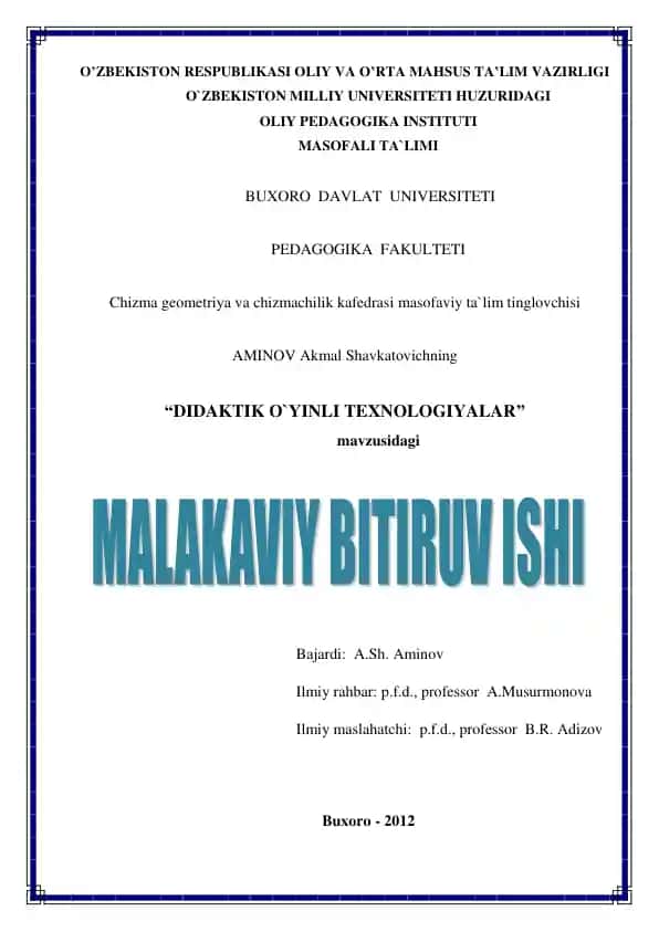 Didaktik O'yinli Texnologiyalar