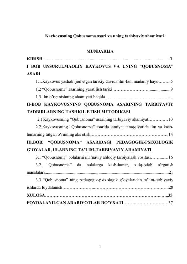 Kaykovusning Qobusnoma asari va uning tarbiyaviy ahamiyati