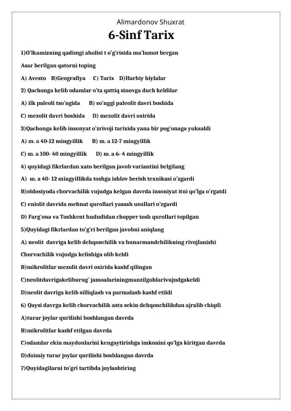 6-Sinf Tarix savollari va javob variantlari