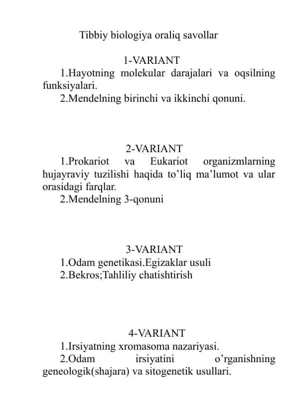 Tibbiy biologiya oraliq savollar