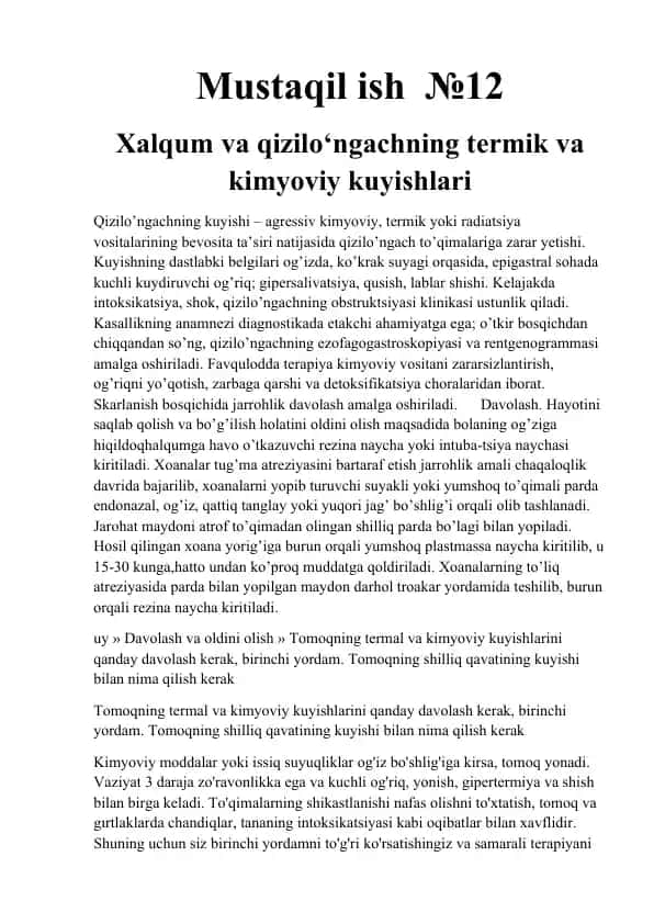 Xalqum va qizilo‘ngachning termik va kimyoviy kuyishlari