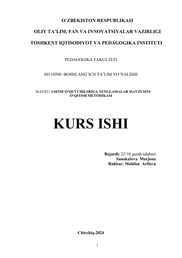 2-SINIF OʻQUVCHILSRIGA TENGLAMALAR MAVZUSINI OʻQITISH METODIKASI