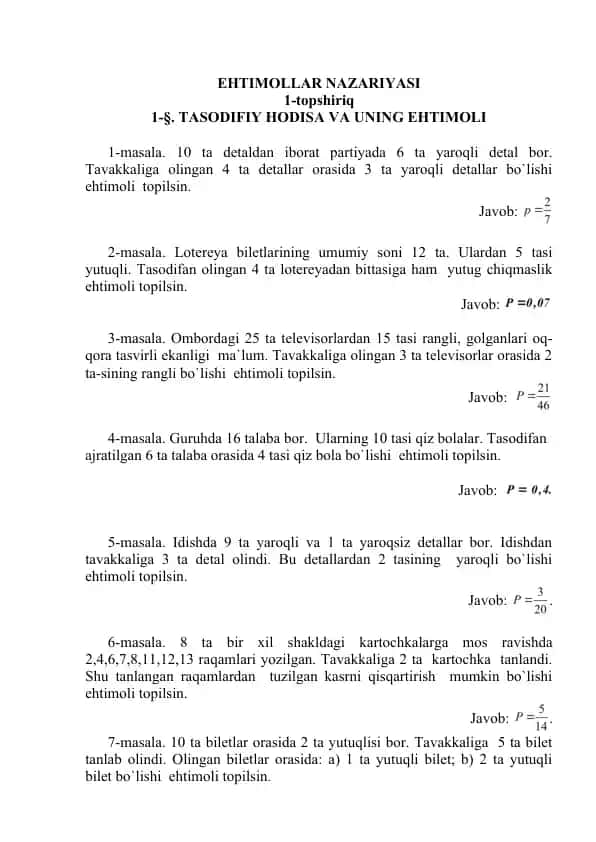 Ehtimollar nazariyasidan masalalar docx