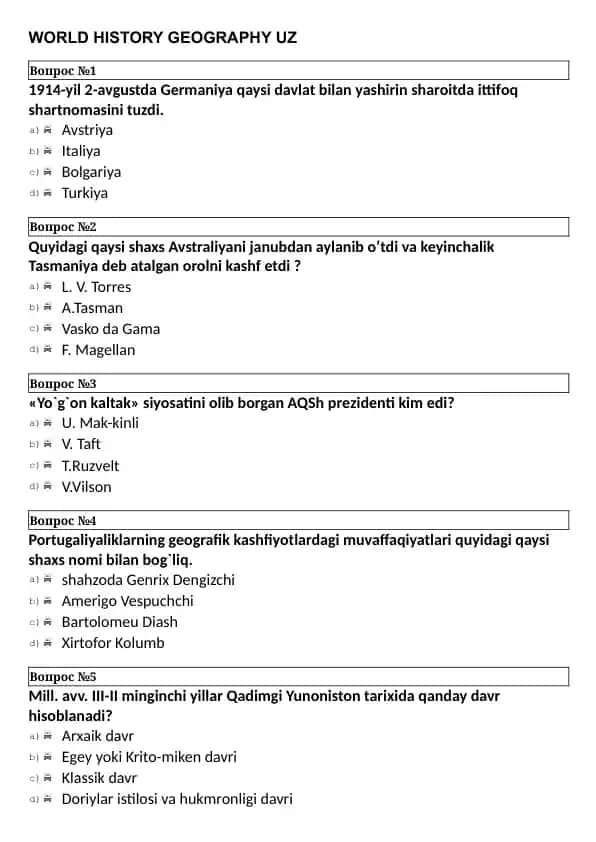 O'zbekiston Tarixi Test Savollari