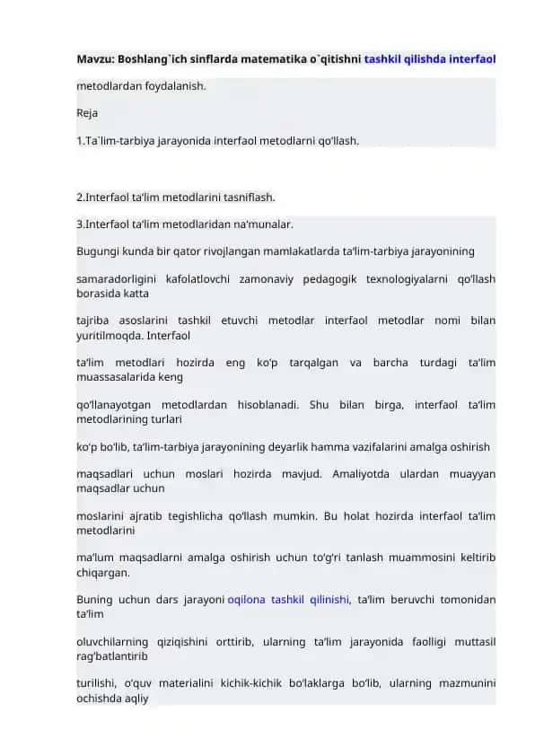 Boshlang`ich sinflarda matematika o`qitish