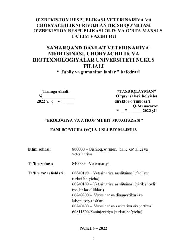 "EKOLOGIYA VA ATROF MUHIT MUXOFAZASI"