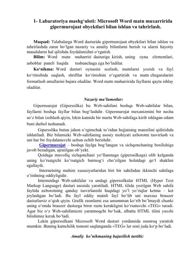 Labaratoriya mashg‘uloti: Microsoft Word matn muxarririda gipermurojaat obyektlari bilan ishlan va tahrirlash