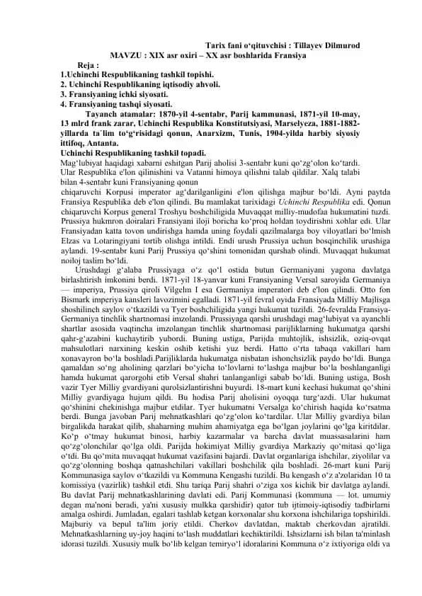 Fransiyaning XIX asr oxiri - XX asr boshlarida