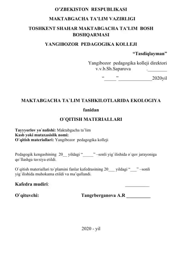 MTTda ekologiya o‘quv fanidan ta’lim materiallari
