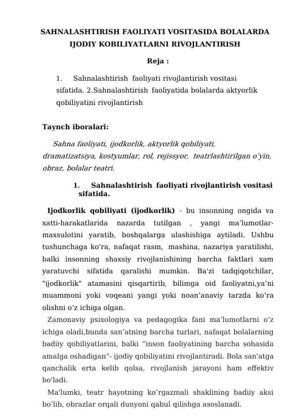 SAHNALASHTIRISH FAOLIYATI VOSITASIDA BOLALARDA IJODIY KOBILIYATLARNI RIVOJLANTIRISH