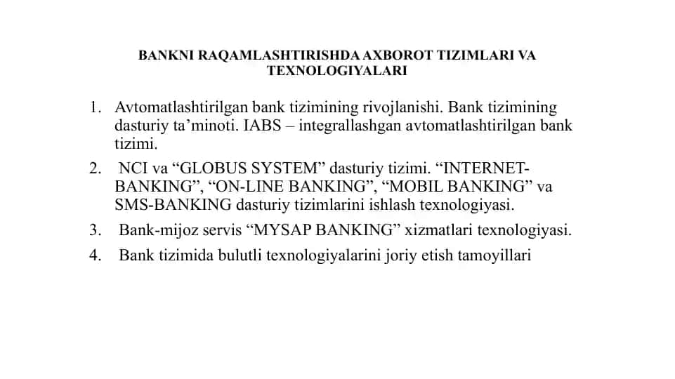 Bankni raqamlashda axborot tizimlari va texnologiyalari