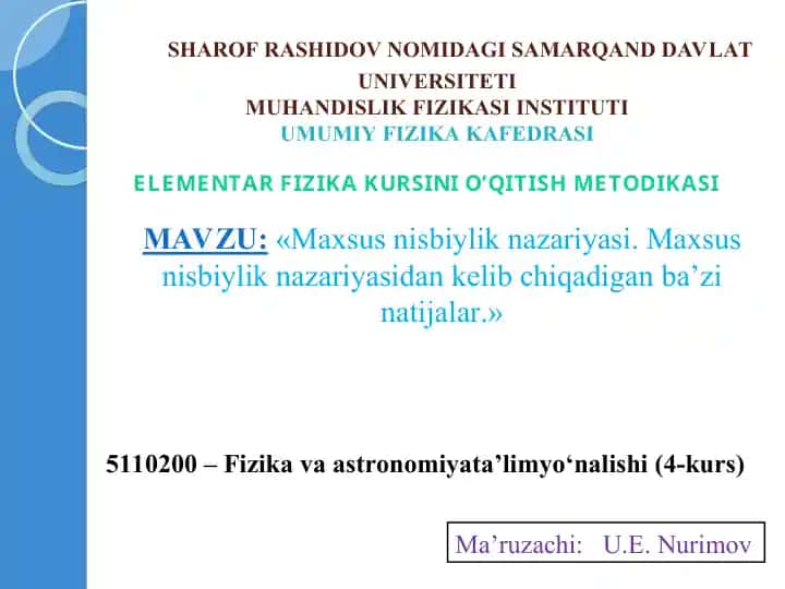 Elementar fizika kursini o‘qitish metodikasi