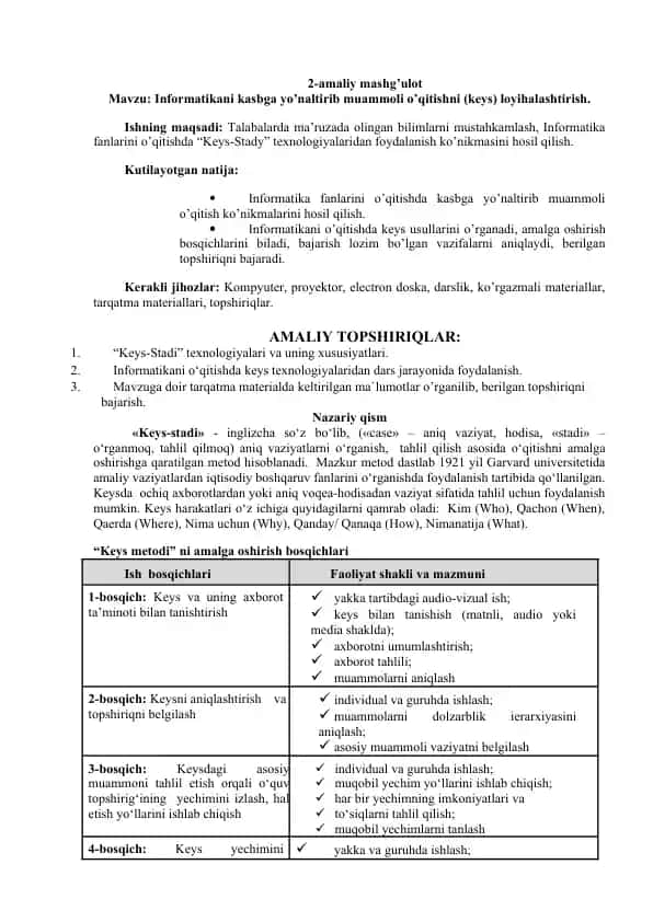 "Informatika fanlarini o’qitishda keys-stadi loyihalash"