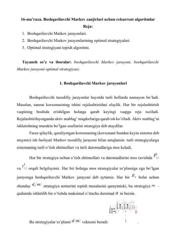 Boshqariluvchi Markov zanjirlari uchun rekurrent algoritmlar