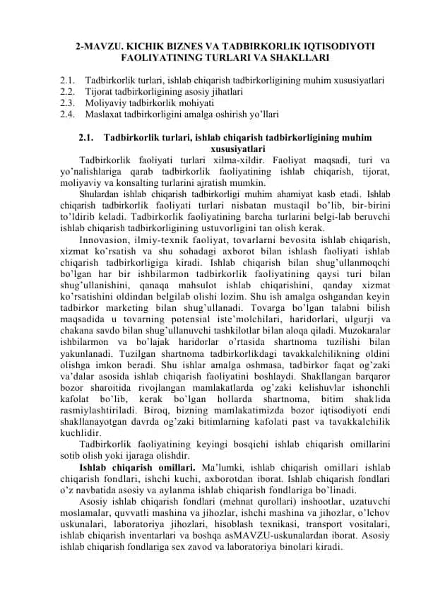 Tadbirkorlik faoliyatining turlari va shakllari