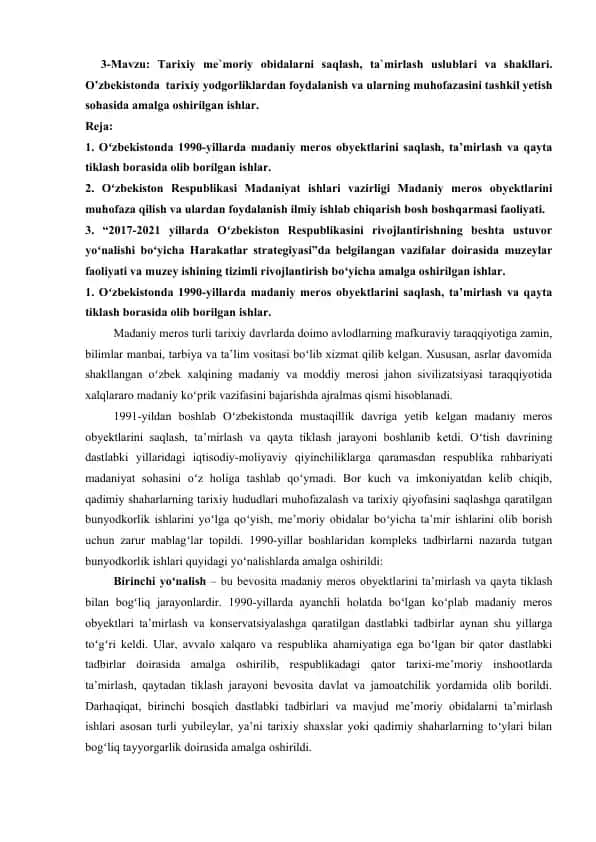 Tarixiy me`moriy obidalarni saqlash, ta`mirlash uslublari va shakllari
