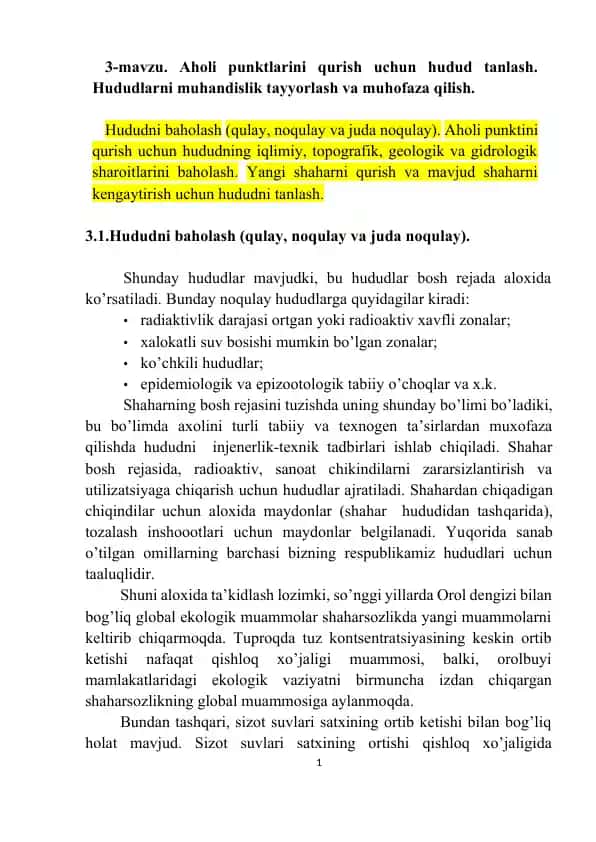 Hududni baholash uchun muhandislik tadbirlar