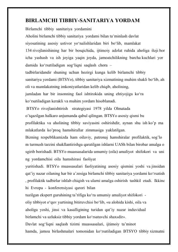 BIRLAMCHI TIBBIY-SANITARIYA YORDAM