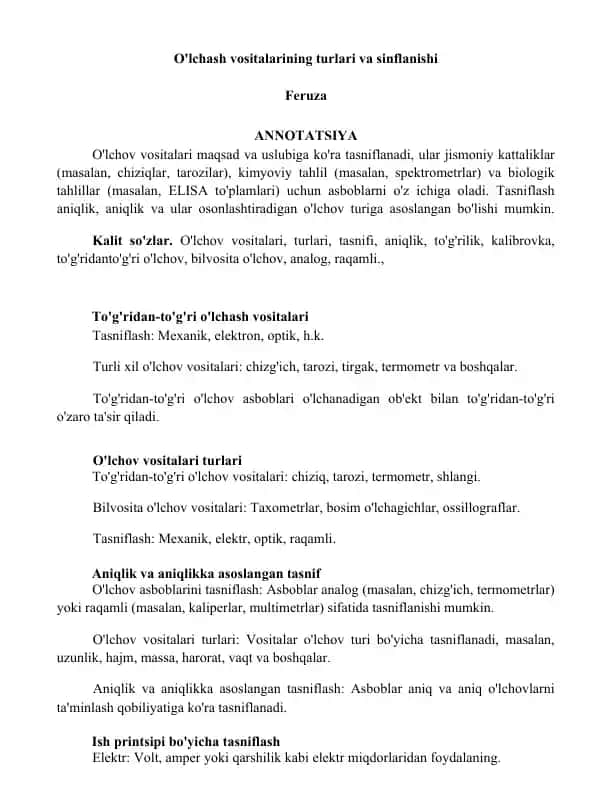 O'lchash vositalarining turlari va sinflanishi