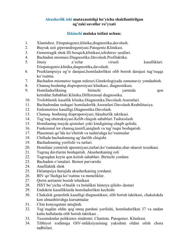 Akusherlik ishi mutaxassisligi bo’yicha og'zaki savollar ro'yxati