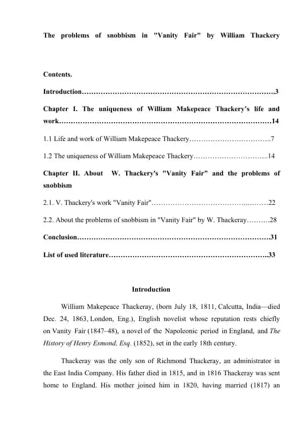 The problems of snobbism in "Vanity Fair" by William Thackery