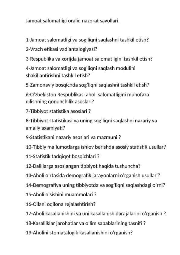 Jamoat salomatligi oraliq nazorat savollari