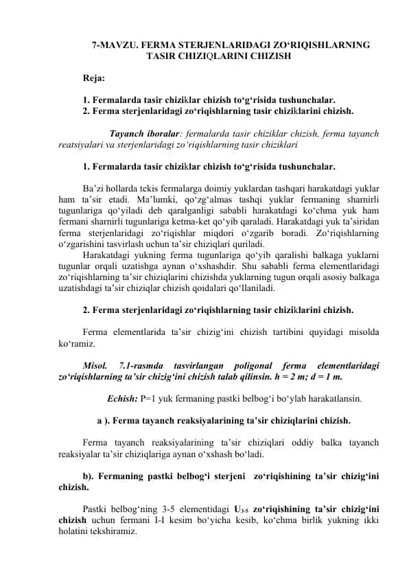 Ferma Sterjenlaridagi Zo‘riqishlarning Tasir Chiziklarini Chizish