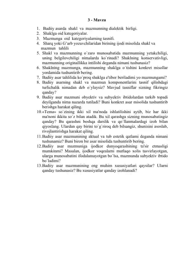 Badiiy asarda shakl va mazmunning dialektik birligi