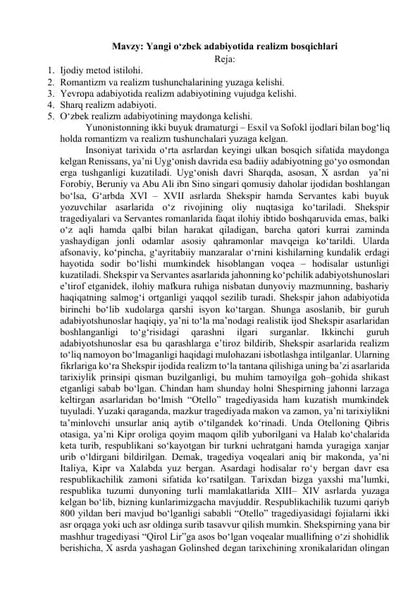 Yangi o‘zbek adabiyotida realizm bosqichlari