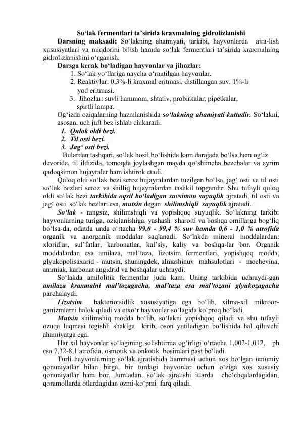 So‘lak fermentlari ta’sirida kraxmalning gidrolizlanishi