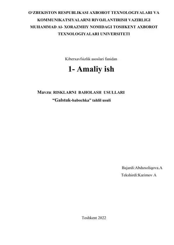 RISKLARNI BAHOLASH USULLARI