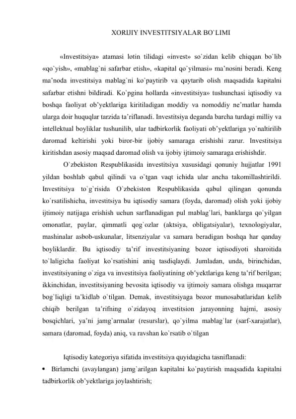 XORIJIY INVESTITSIYALAR BO`LIMI