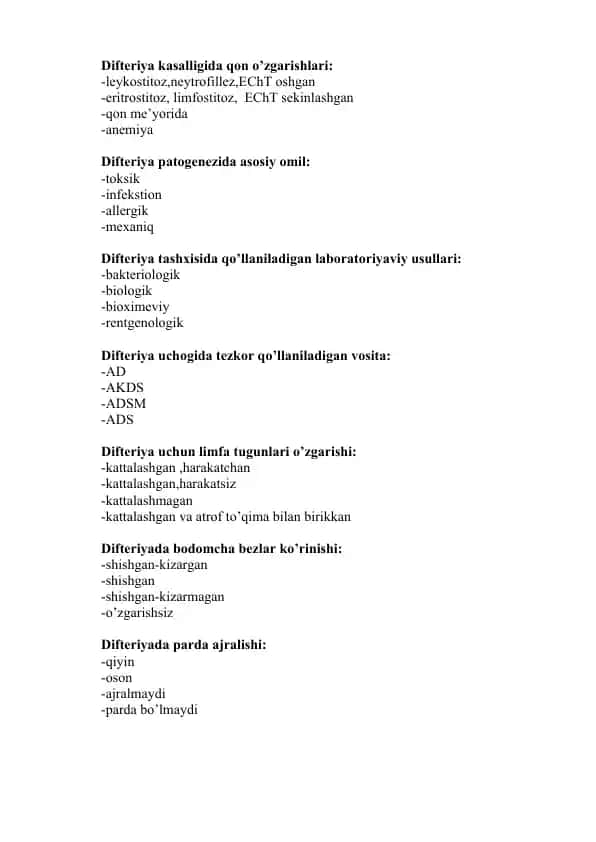 Difteriya kasalligida qon o’zgarishlari
