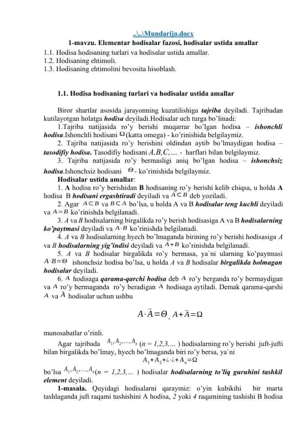 Hodisalar ustida amallar
