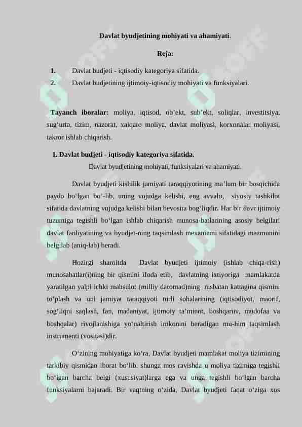 Davlat byudjetining mohiyati va ahamiyati.