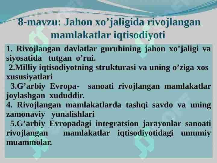 Jahon xo`jaligida rivojlangan mamlakatlar iqtisodiyoti