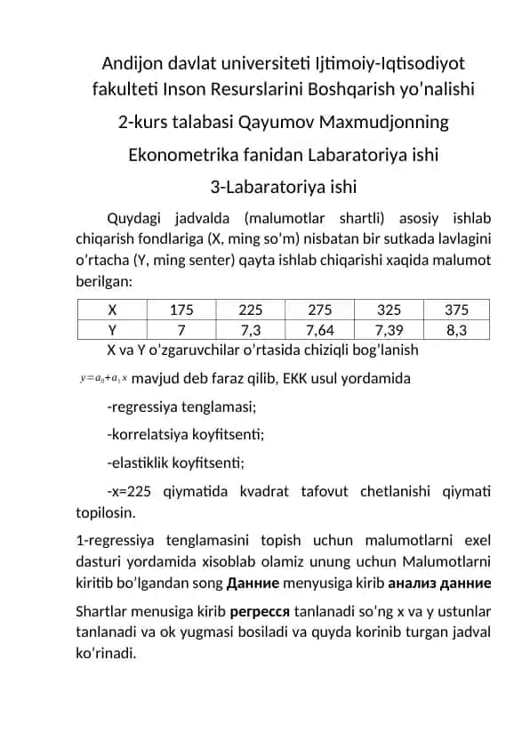 Ekonometrika fanidan Laboratoriya ishi