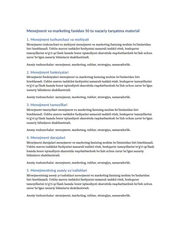 Menejment va marketing fanidan 50 ta nazariy tarqatma material