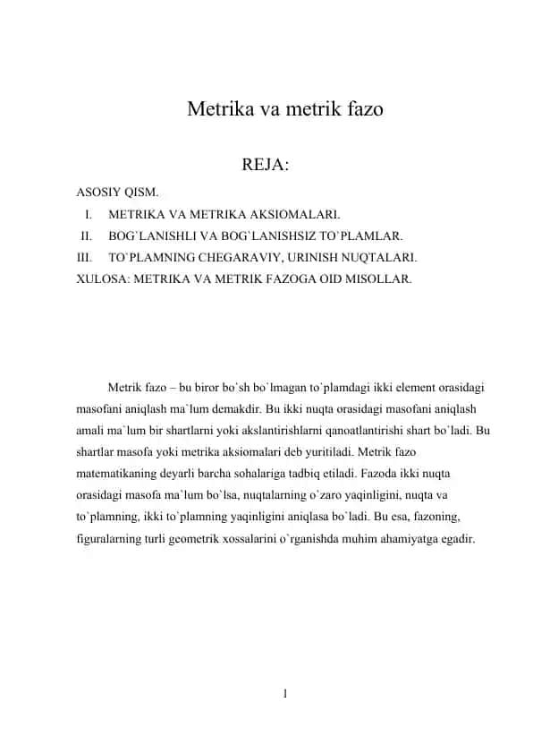 Metrika va metrik fazo